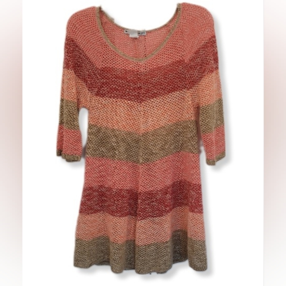 Two One Two New York Dress Crochet Coral Stripe Beach Cover Up 3/4 Sleev…